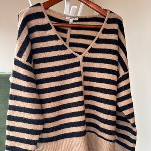 Madewell Bobble Stripe V-Neck Sweater - Black & Tan.